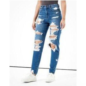 American Eagle Distressed Destroyed Mom Jean Medium Wash High Rise Womens Size 2